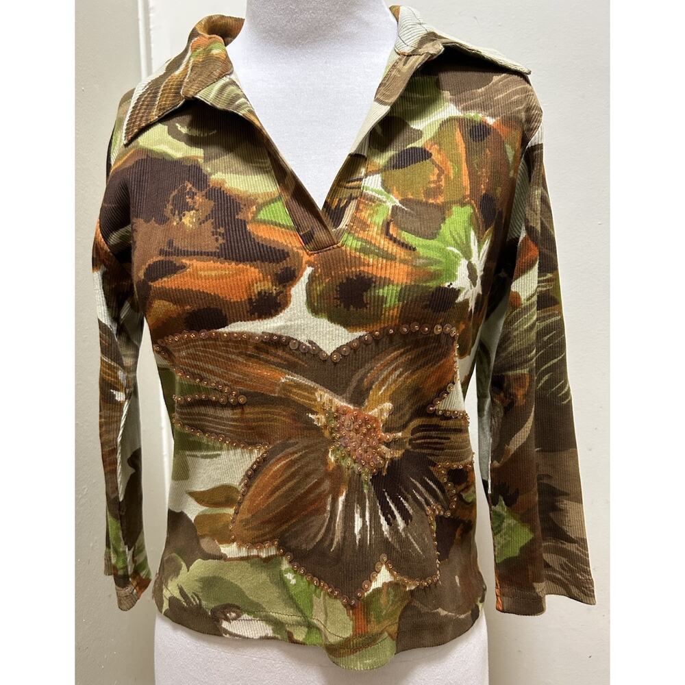 Chaudry Sports Women's V-Neck Autumn Floral Top Beaded Boho Blouse - Size M
